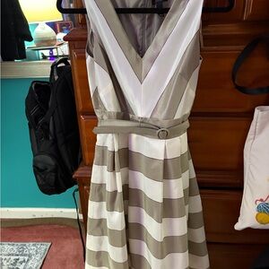 dressbarn V-Neck Midi Dress with Belt in Cream and Tan